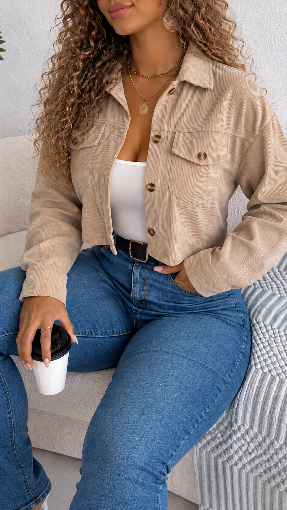 Veste courte en velours côtelé à manches longues pour femmes