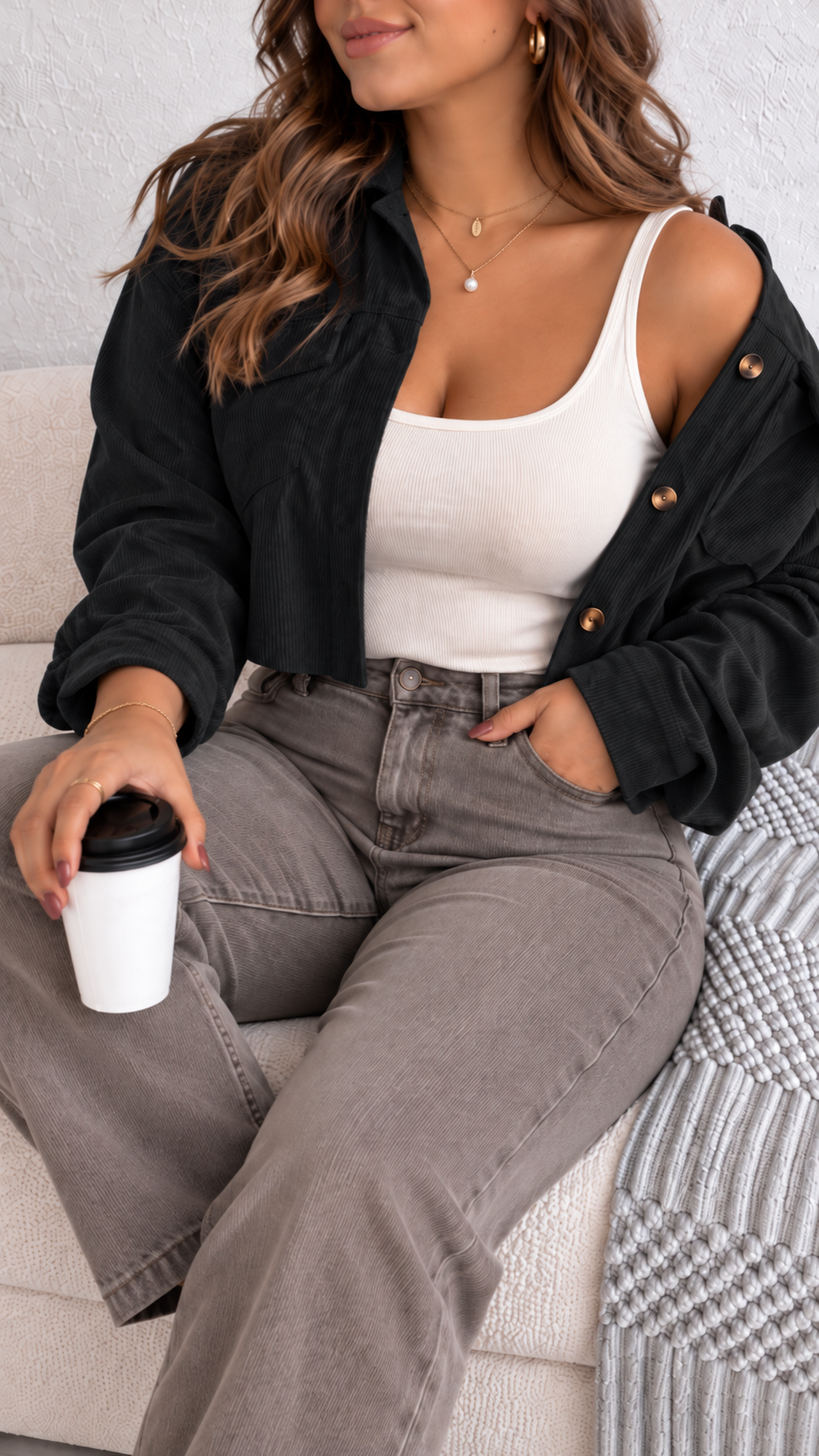 Veste courte en velours côtelé à manches longues pour femmes