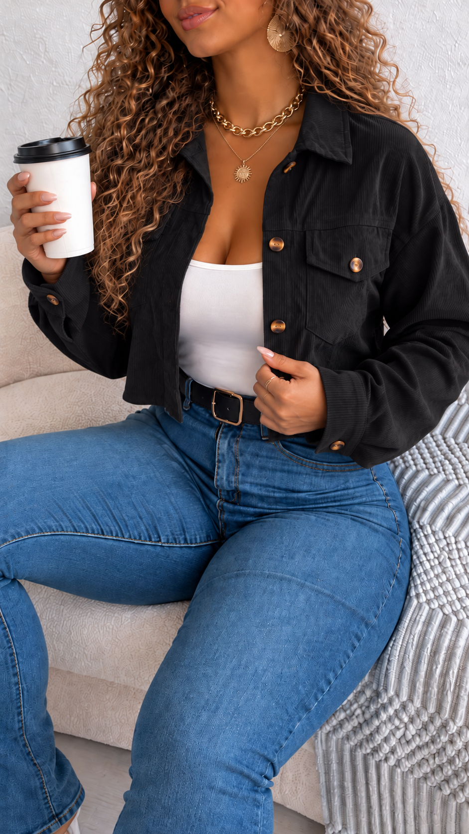 Veste courte en velours côtelé à manches longues pour femmes